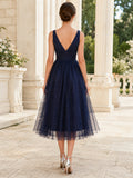 Dark Navy V-neck Glitter Tulle Tea-Length Dress back view