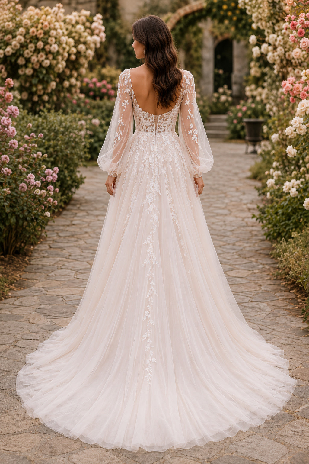 Ivory Long Poet Sleeve Applique Tulle A-Line Wedding Dress for Wedding Ceremony and Reception back view