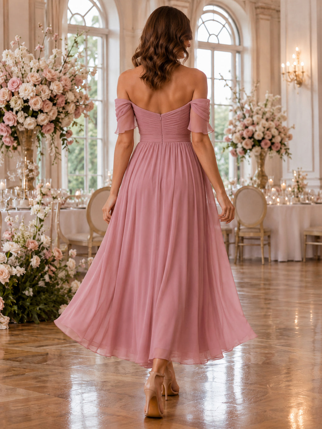 Dusty Rose Ballroom Wedding Guest Bridesmaid Cocktail Formal Dress A-Line Tea-Length Off-Shoulder Sweetheart Neck Short Sleev