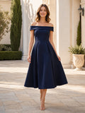 Dark Navy Petite Off Shoulder Satin Tea Length A Line Cocktail Dress front view