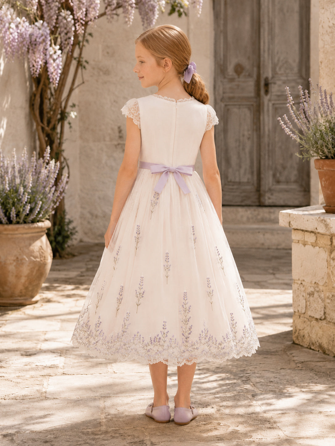 Champagne Lavender Sprig Flower Girl Dress with Flutter Sleeves, Botanical Embroidery, Tulle A-Line, and Tea-Length Skirt bac