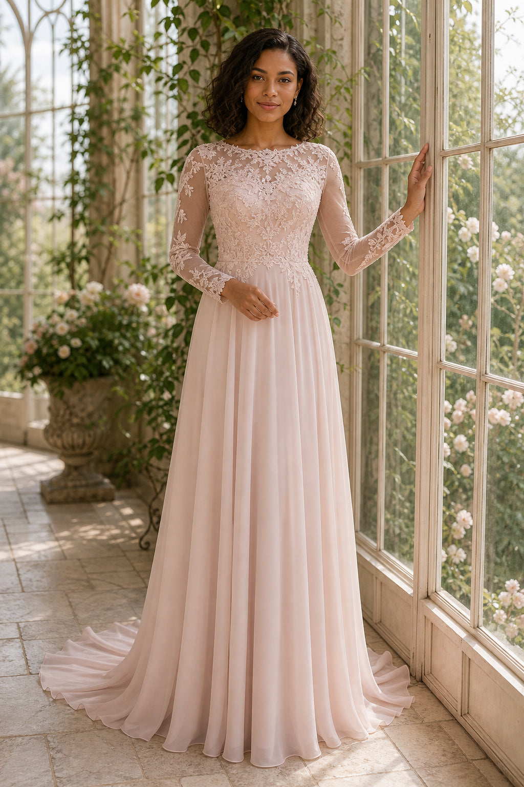 Blush Bateau Long Sleeve A-Line Chiffon Floor-Length Dress With Lace Bodice