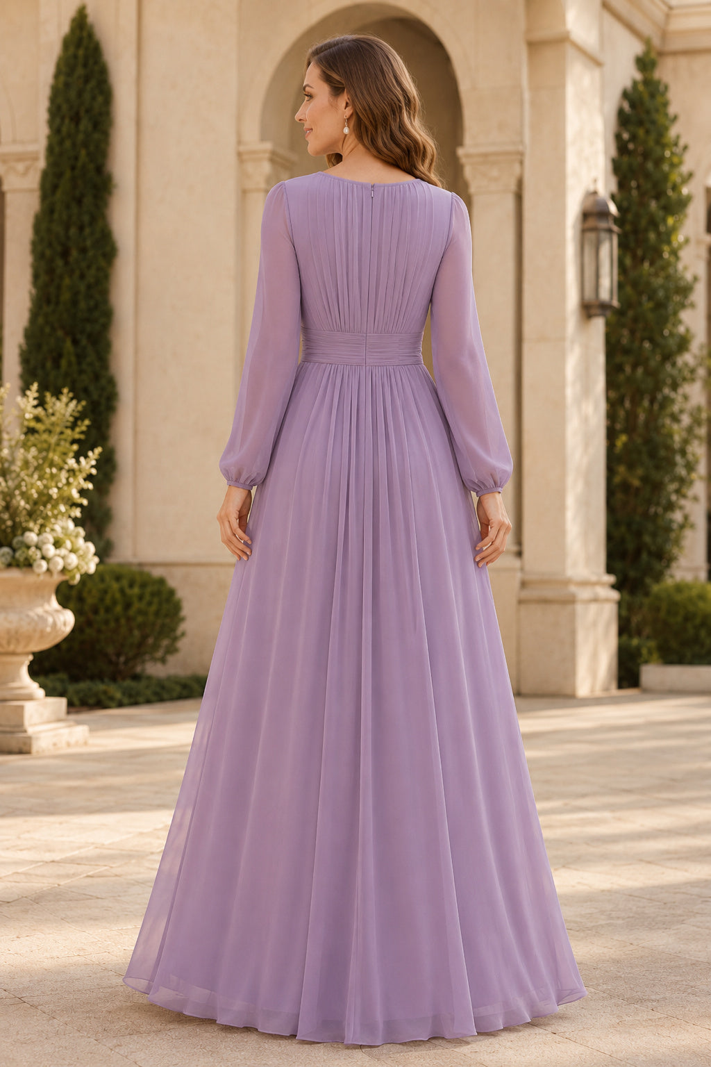 Lavender Jewel Neck Chiffon A-Line Bridesmaid Dress with Long Sleeves and Front Ruffle back view