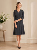 Charcoal V Neck Three Quarter Sleeve A Line Wake Dress front view