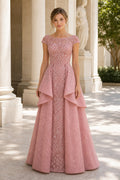 Dusty Rose Cap Sleeve A-Line Lace Floor-Length Dress With Tiered Overlay