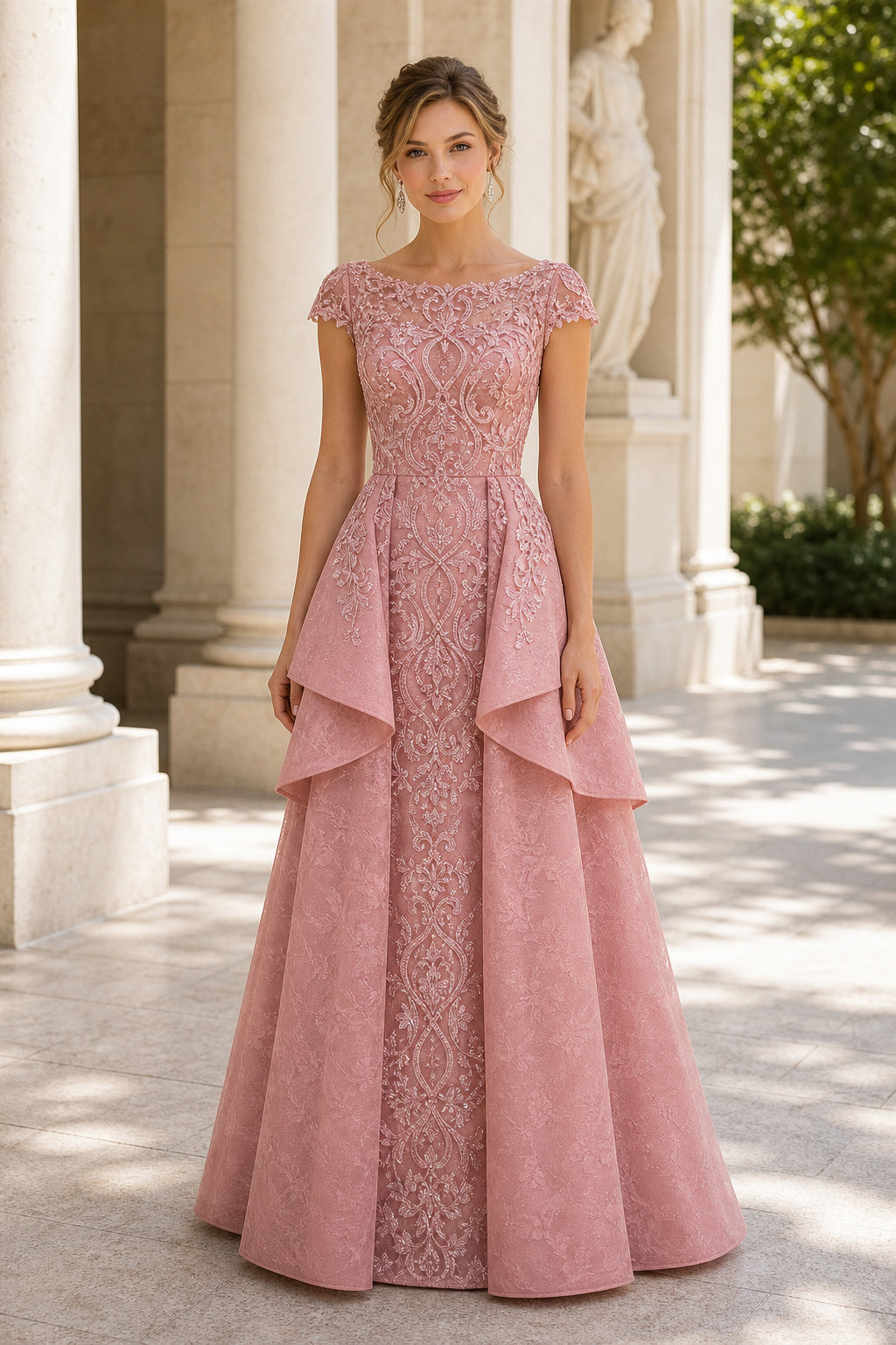 Dusty Rose Cap Sleeve A-Line Lace Floor-Length Dress With Tiered Overlay
