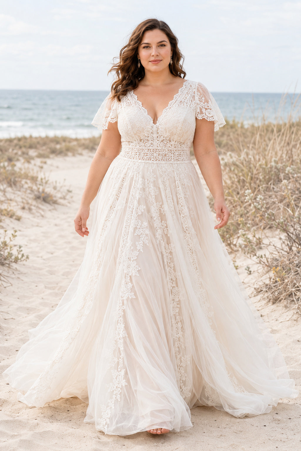 Plus Size Ivory V-Neck Cap Sleeve Lace Tulle A-Line Wedding Dress with Cap Sleeves and Lace Chapel Train front view