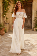 Ivory Off-the-Shoulder Sweetheart Flutter Sleeve Lace Satin Floor-Length Bridal Jumpsuit with Flutter Sleeves and Wide Leg Pa
