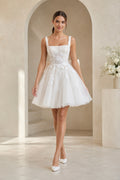 Square Neck Tulle A-Line Mini Bridal Dress with Back Bow front view