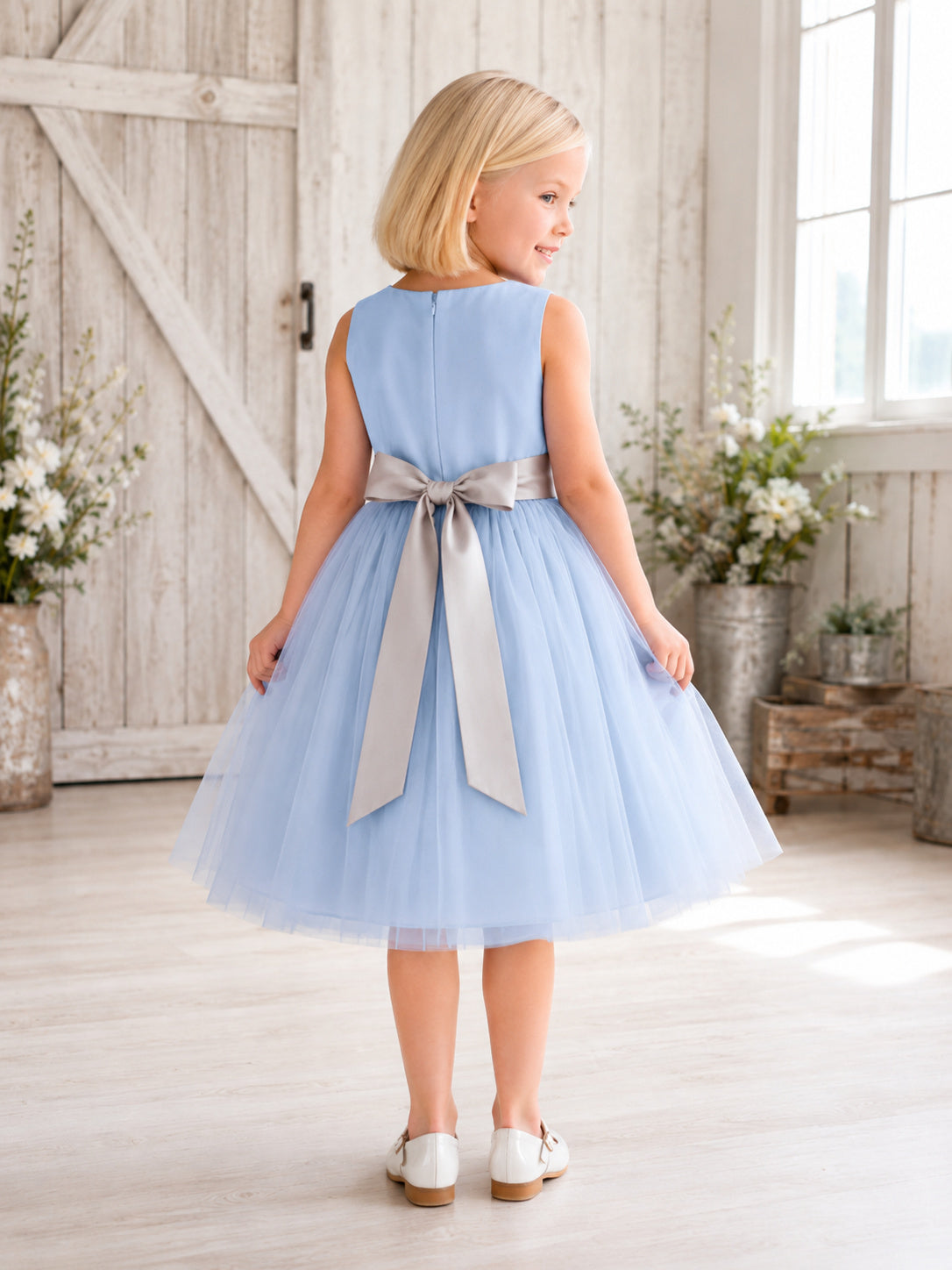 Sky Blue Tulle Sleeveless A-Line Flower Girl Tea-Length Detachable Sash Dress back view