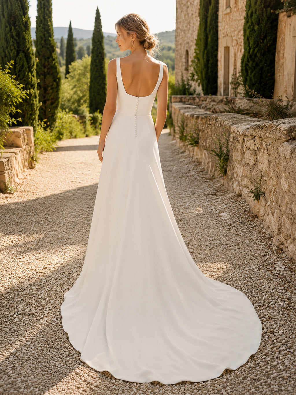 Square Neck Crepe A-Line European Countryside Elopement Dress back view