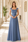 Steel Blue Square Neck Satin A-Line Bridesmaid Dress with Cap Sleeves and Clean Skirt front view