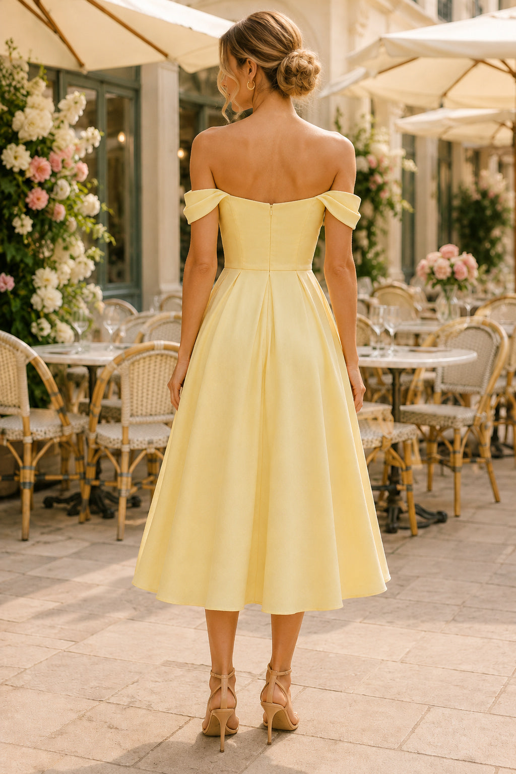 Cocktail Dress Daffodil Satin A-Line Off-the-Shoulder Tea Length back view