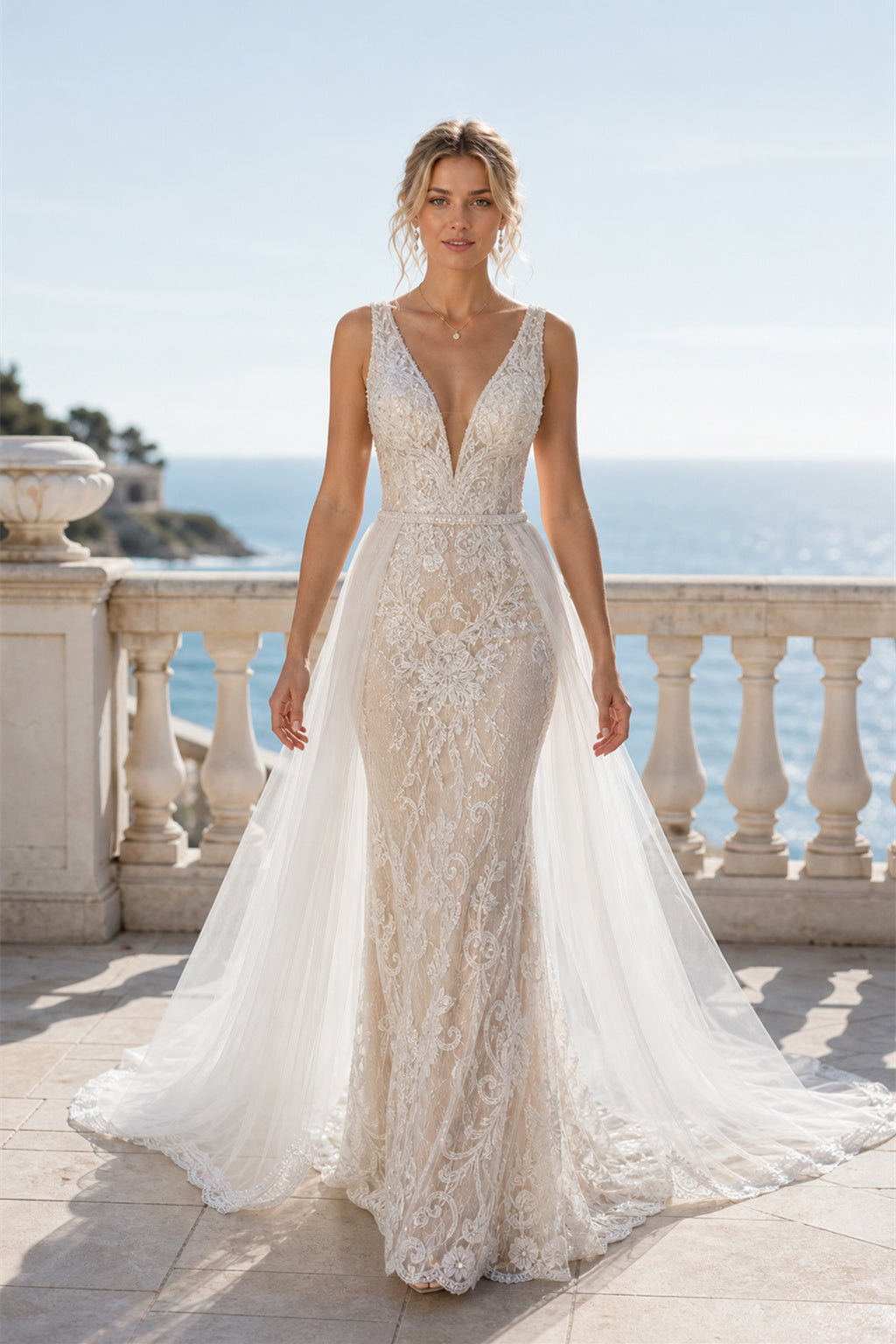 White Illusion A-Line Lace Floor-length Wedding Dress With Lace and Floral Appliques