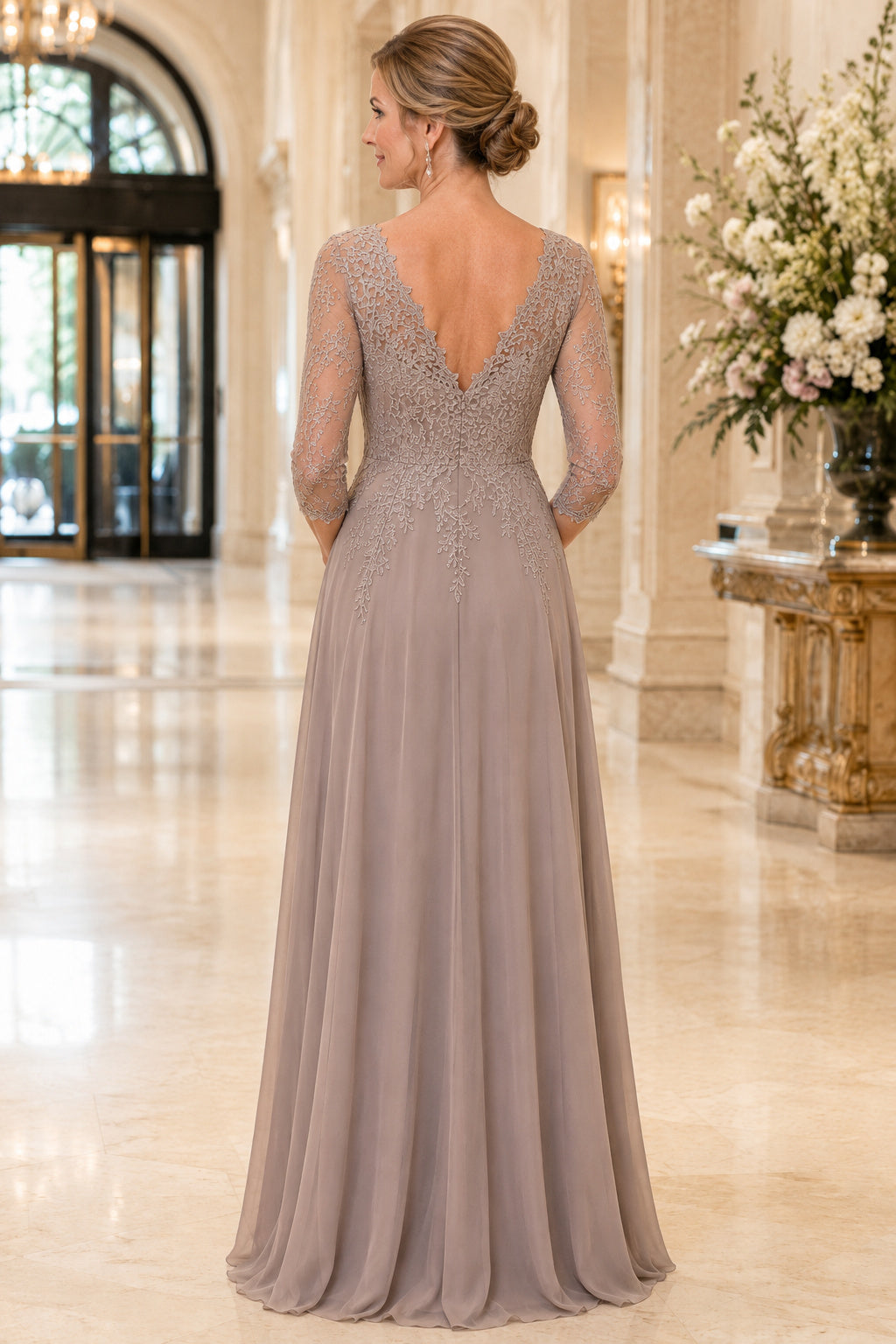 Taupe V-Neck Mother Dress with Illusion Lace Long Sleeves and Chiffon Skirt for Evening Reception back view