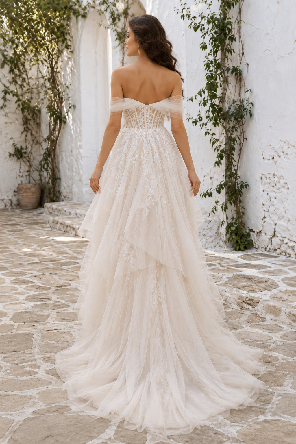 Ivory Off-the-Shoulder Tiered High-Low Wedding Dress with Lace Bodice back view