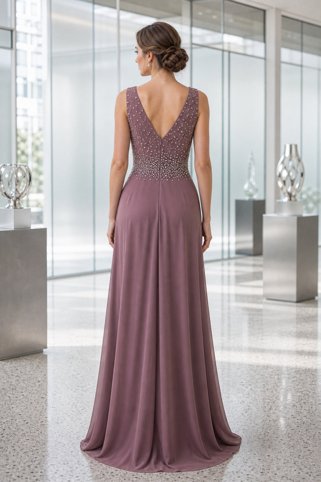 Dusty Rose V-neck Sleeveless A-Line Chiffon Floor-Length Dress With Beaded Bodice