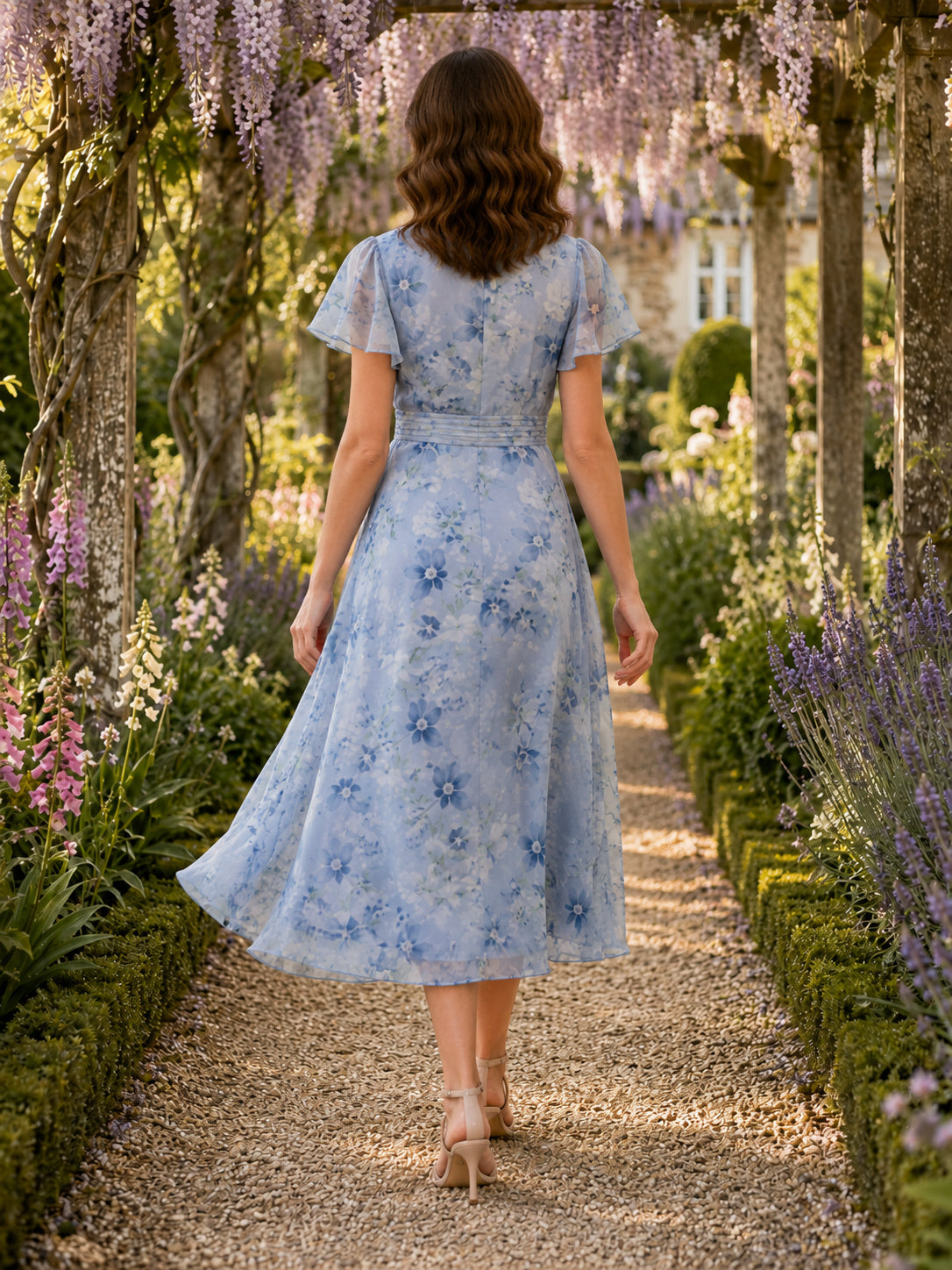 Steel Blue Garden Wedding Guest Dress A-Line Chiffon V-Neck Short Sleeve Tea-Length Floral Print back view