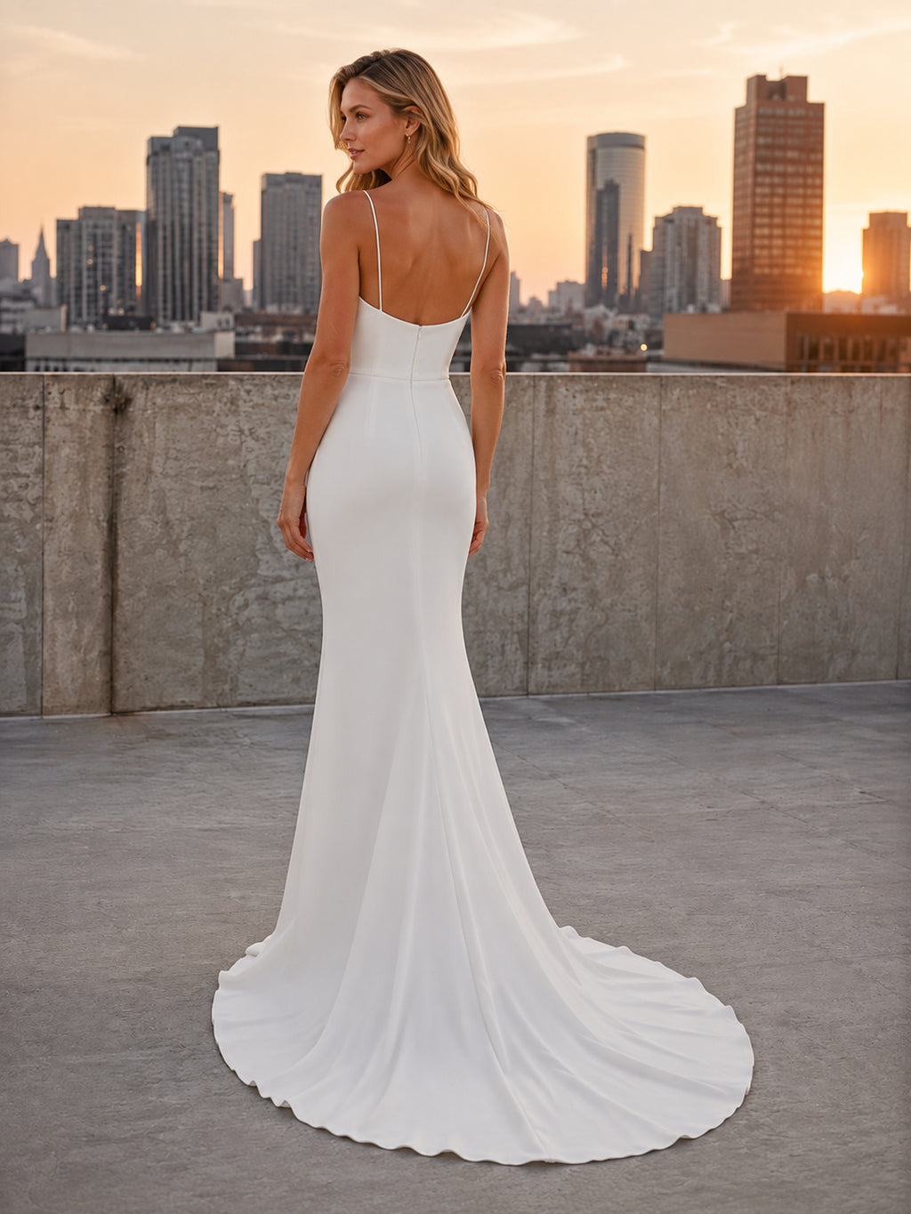 Modern Square Neck Minimalist Crepe City Rooftop Elopement Dress back view