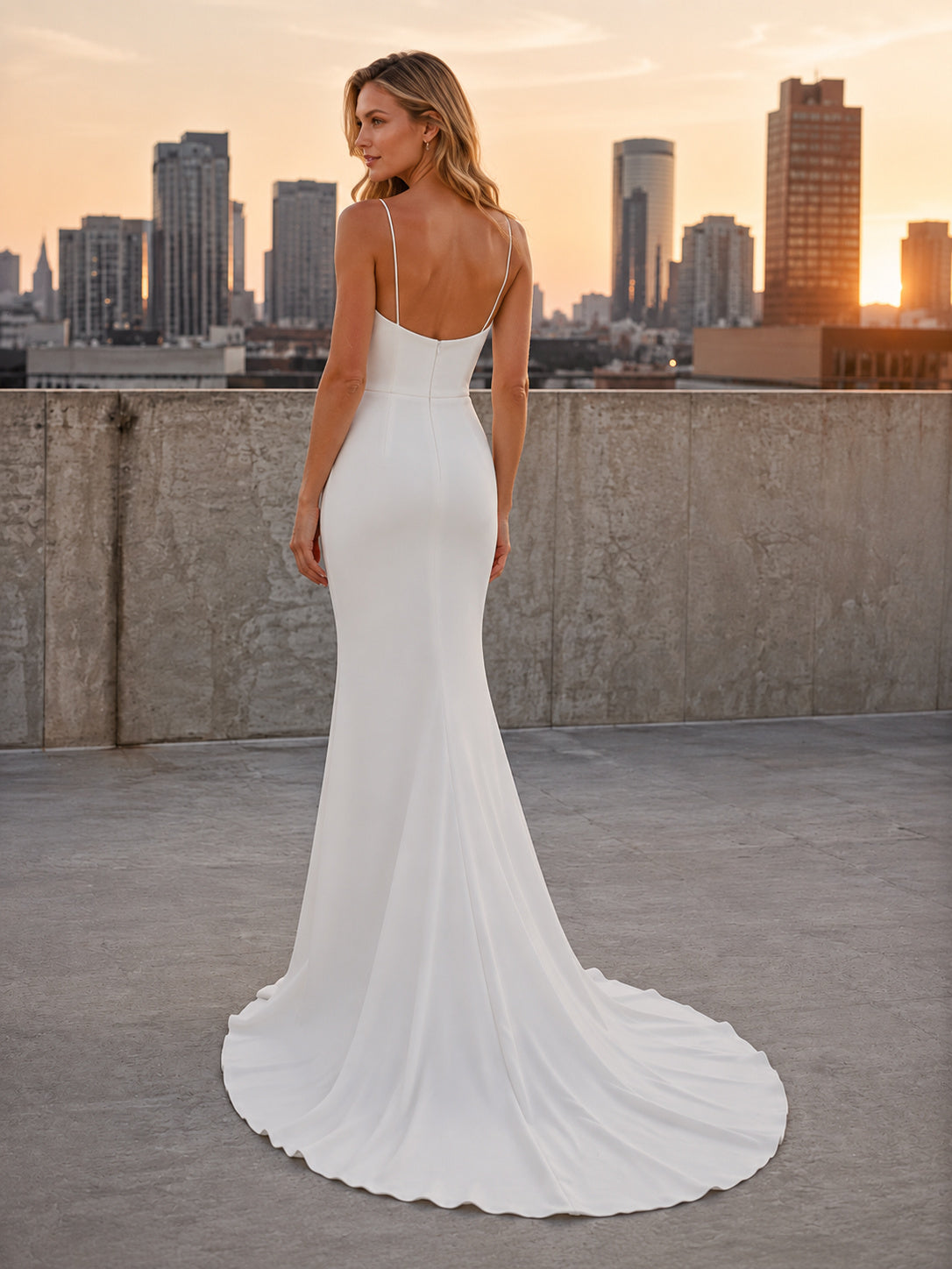 Modern Square Neck Minimalist Crepe City Rooftop Elopement Dress back view