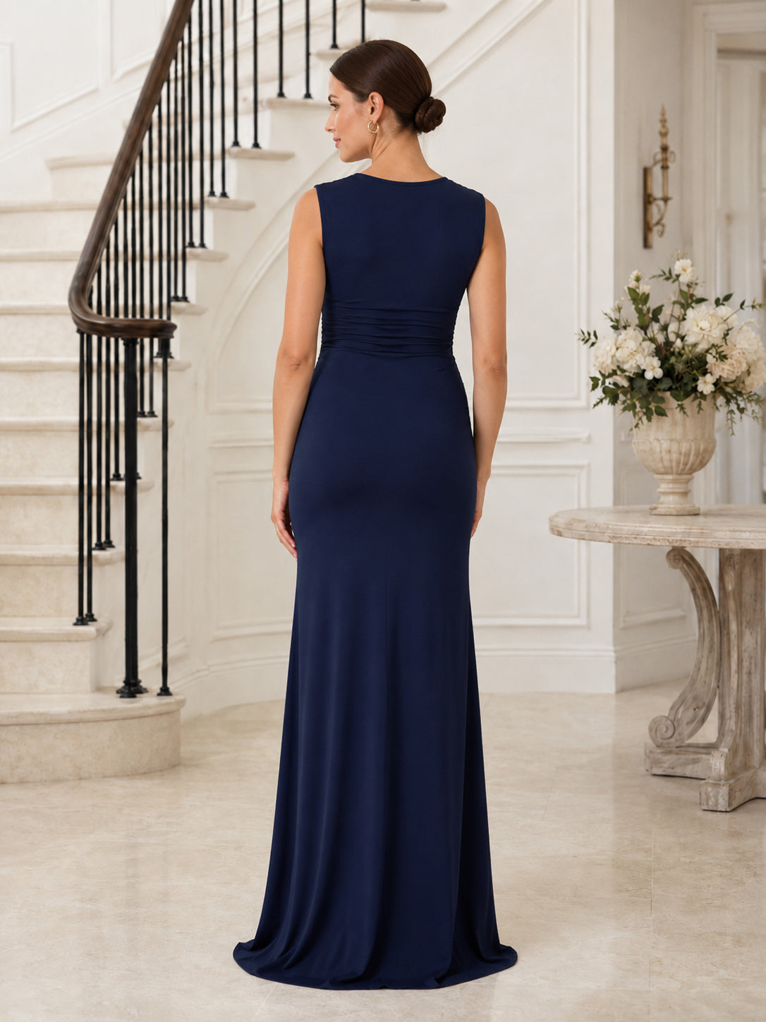 Dark Navy Maternity Bateau Sleeveless Jersey Sheath Floor Length Minimal Formal Dress back view