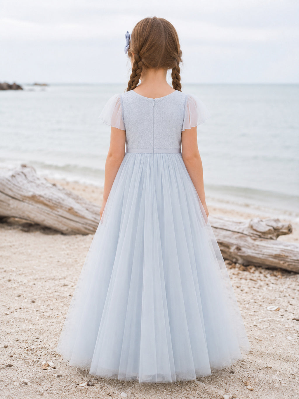 Sea Breeze Sky Blue Short Sleeve Tulle Floor-Length A-Line Flower Girl Dress with Jewel Neck and Pleated Skirt back view