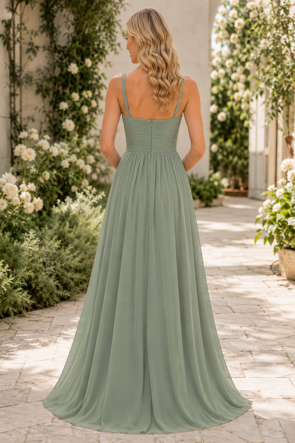 Sage Square Neck Chiffon A-Line Bridesmaid Dress with Wide Straps and Pleated Skirt back view