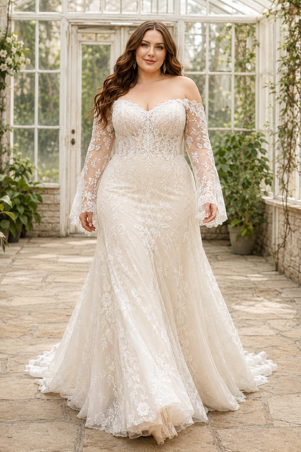 Plus Size Ivory Off Shoulder Lace Mermaid Wedding Dress Chapel Train front view