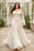 Plus Size Ivory Off Shoulder Lace Mermaid Wedding Dress Chapel Train front view