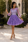 Lavender Illusion Long Sleeve A-Line Lace Short Dress With Open Back