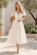 Ivory V-Neck Short Sleeve Lace Tea Length Wedding Dress for Wedding Reception and Party front view