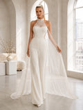 Beaded Halter Satin Chiffon Wedding Jumpsuit Sleeveless Sweep Train front view