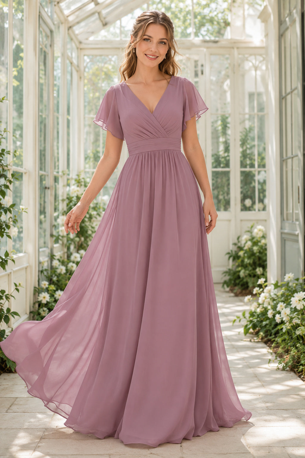 Mauve Flutter Sleeve V-Neck Chiffon A-Line Bridesmaid Dress with Pleated Waist front view