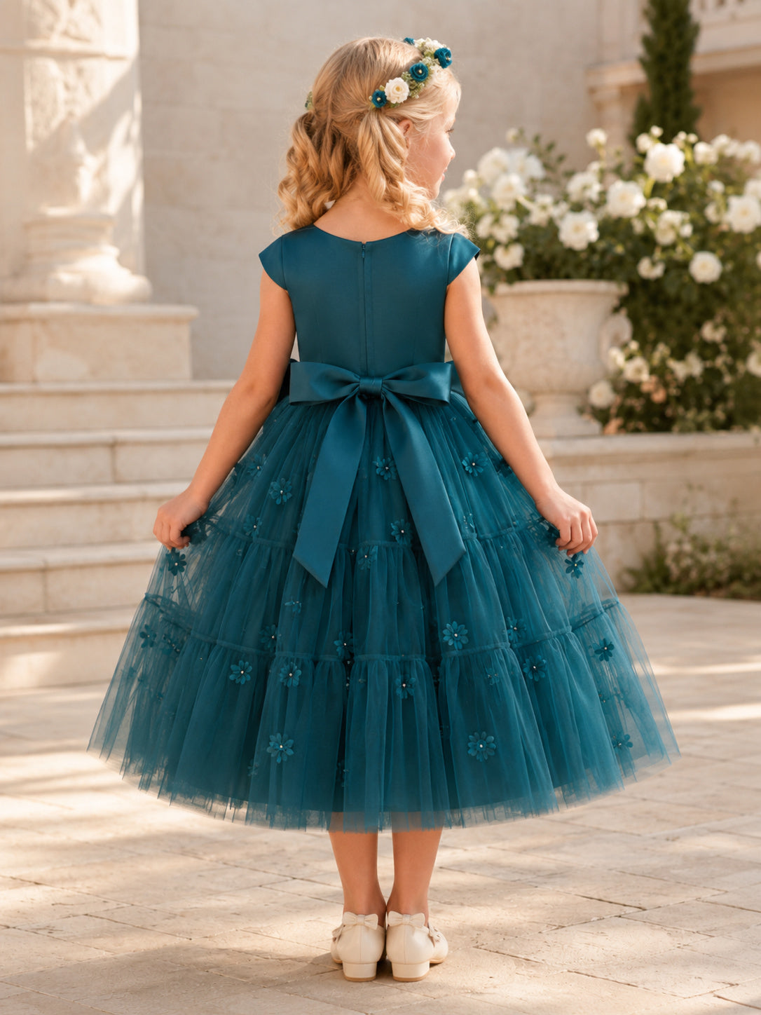 Teal Blue Layered Tulle A-Line Flower Girl Garden Dress with Cap Sleeves Floral Appliques and Ruffles back view