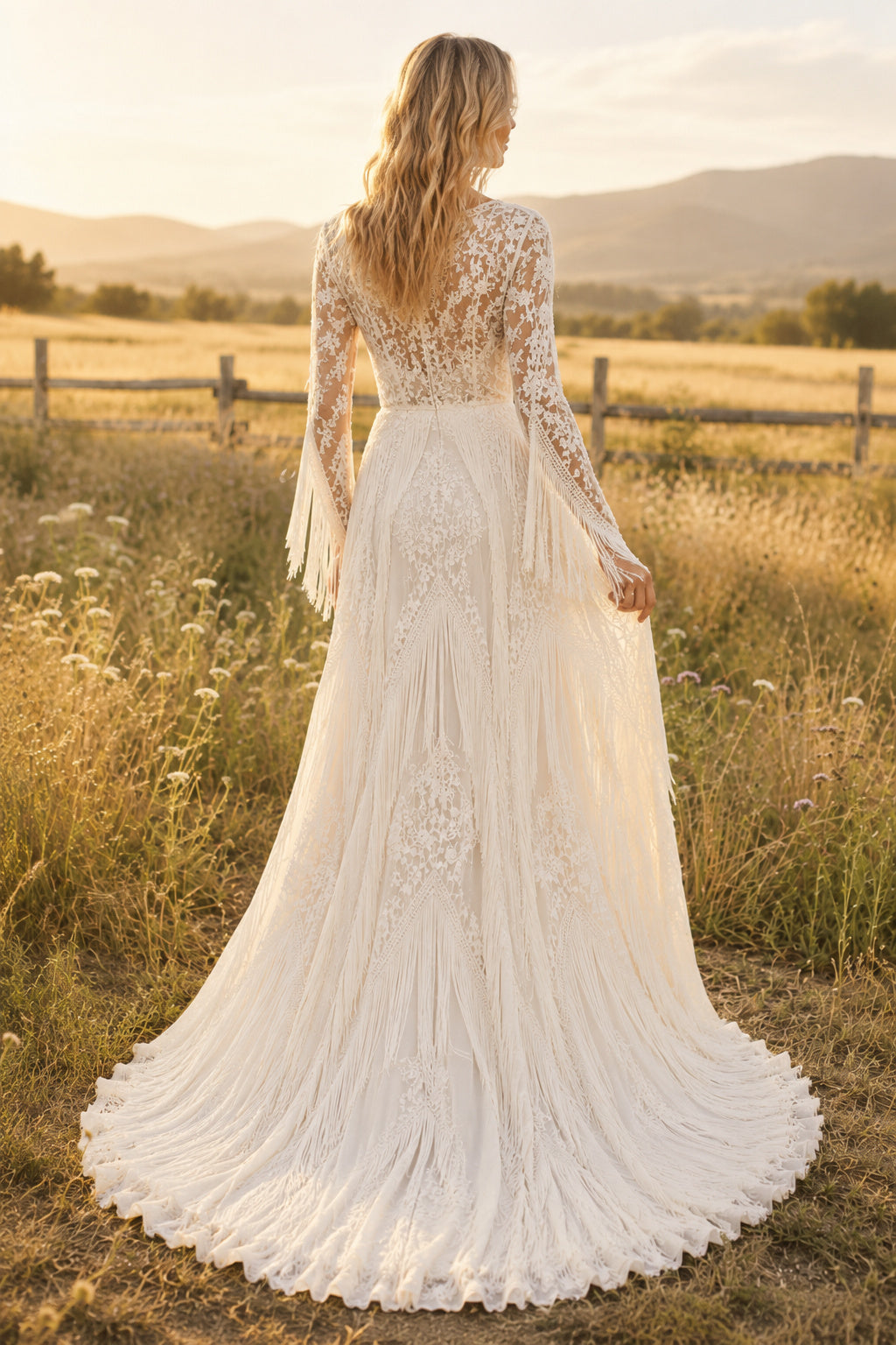Ivory Long Sleeve Lace A-Line Wedding Dress with Plunging V-Neck and Train back view