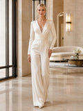 Minimalist Satin Wedding Jumpsuit V-Neck Long Sleeve Floor Length front view