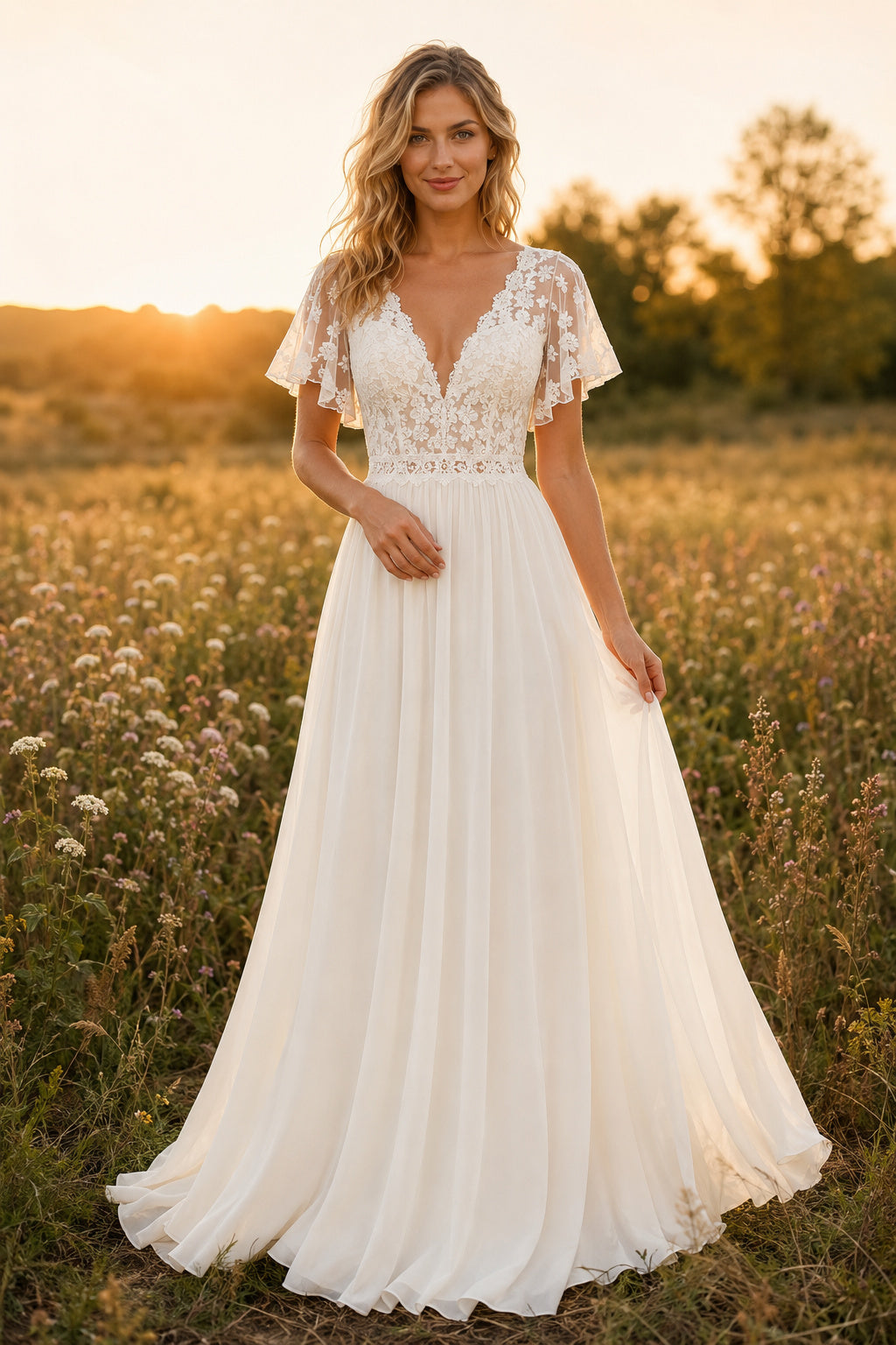 Flutter Sleeve V-Neck A-Line Wedding Dress with Chiffon Skirt and Soft Train for Beach Garden Ceremony Style MG_701273 front