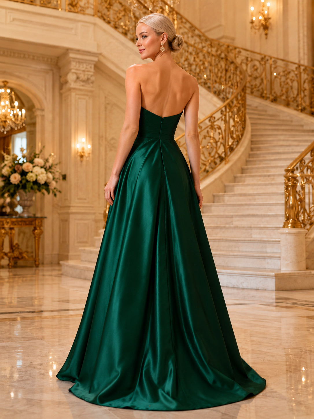 Emerald Strapless Sweetheart Satin A Line Opera Night Gown back view