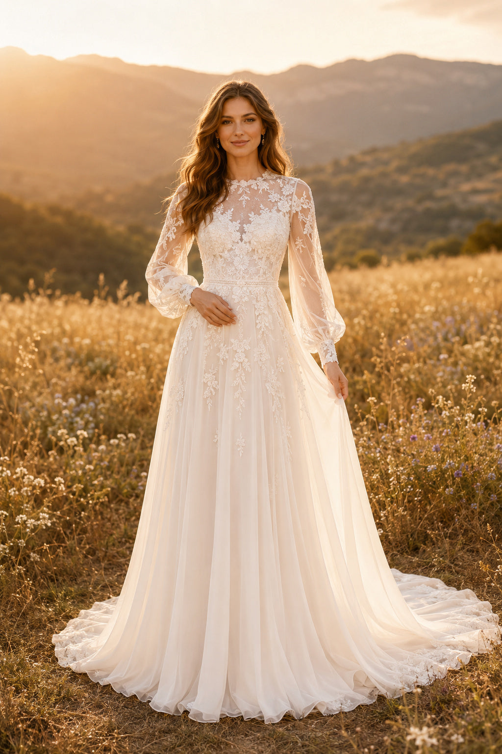 Ivory Romantic High Neck A-Line Lace Tulle Wedding Dress with Long Poet Sleeves and Chapel Train front view