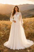 Ivory Romantic High Neck A-Line Lace Tulle Wedding Dress with Long Poet Sleeves and Chapel Train front view