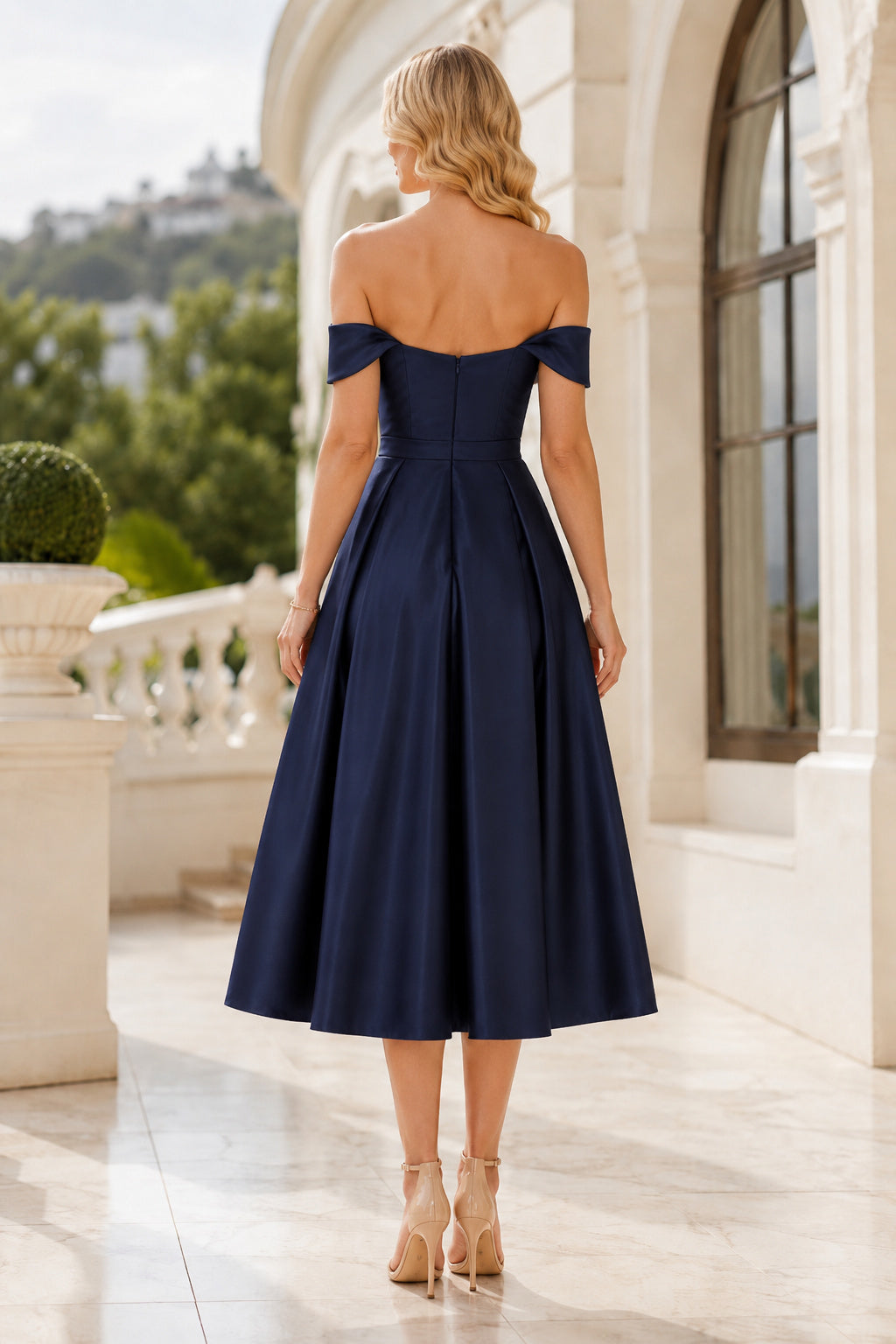 Champagne Formal Cocktail Midi Sheath Dress back view