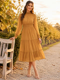 Gold Maternity High Neck Long Poet Sleeve Tiered Chiffon A-Line Tea-Length Dress front view