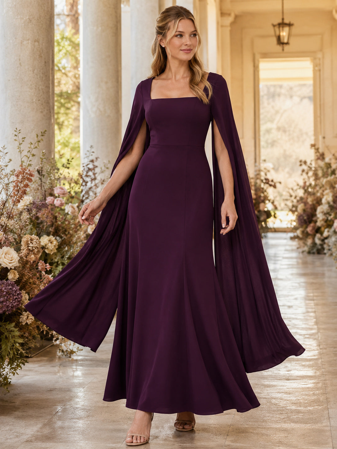 Plum Square Neck Long Cape Sleeve Chiffon A-Line Floor Guest Gown front view