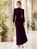 Plum High Neck Long Sleeve Draped Velvet Ankle Guest Dress front view
