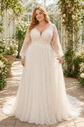 Ivory Plus Size V-Neck Long Sleeve Lace A-Line Wedding Dress with Soft Tulle Skirt and Train front view