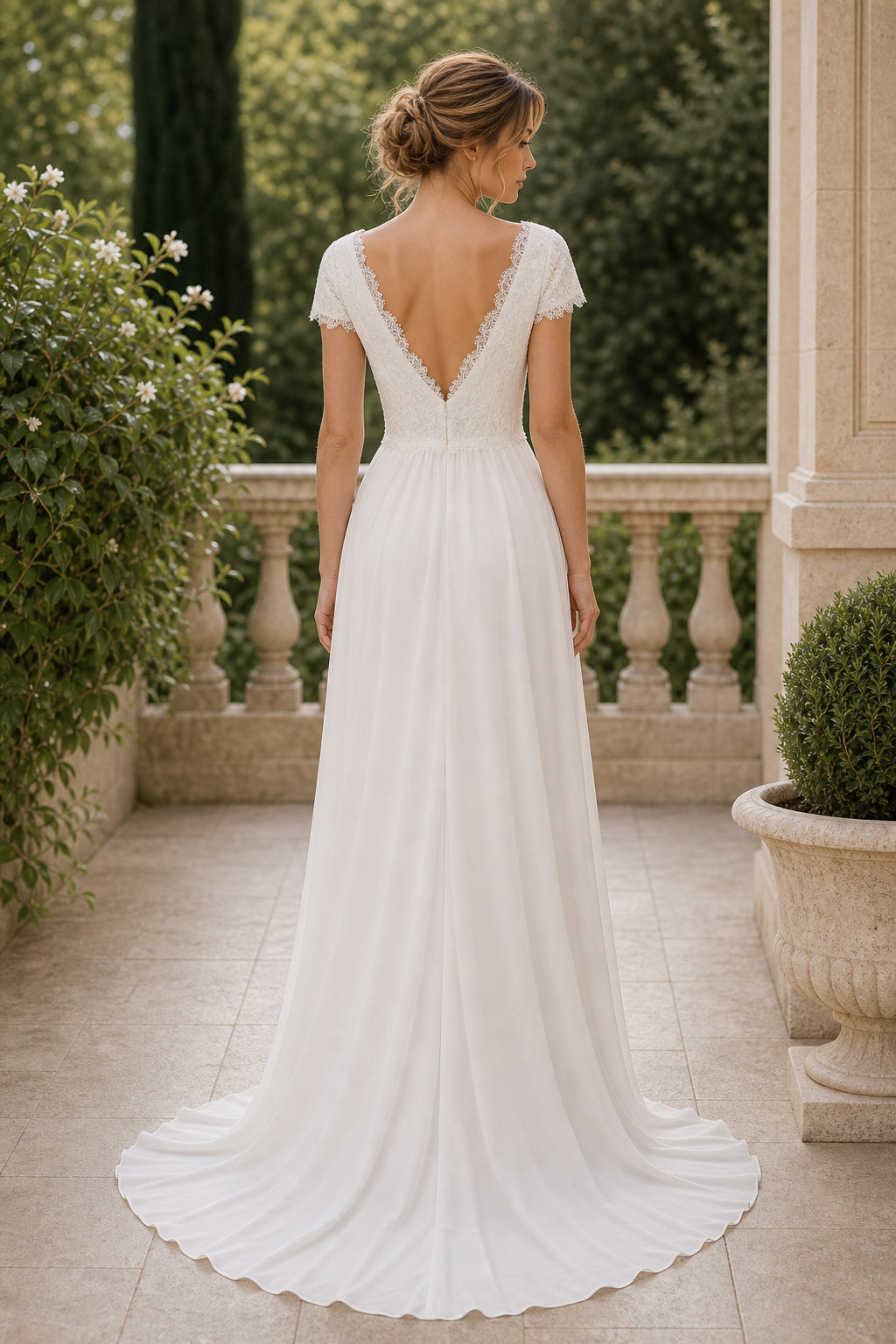 White Scoop Cap Sleeves Sheath Lace Floor-length Wedding Dress With Lace and Layered Skirt and Open Back