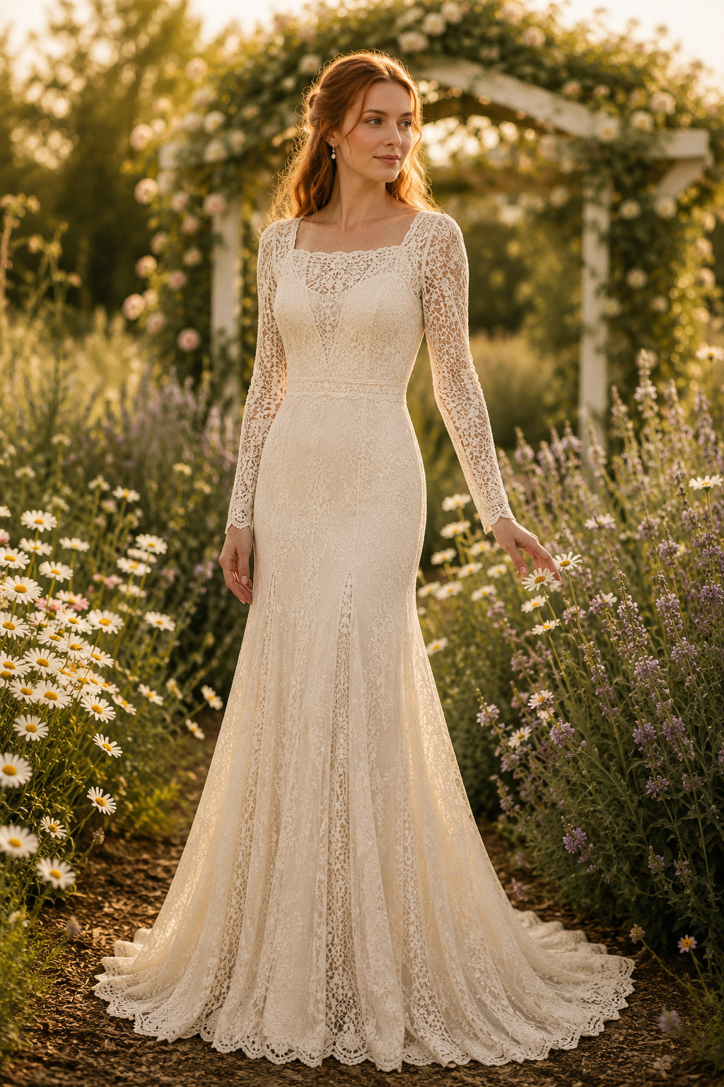 Ivory Modest Bateau Neck Mermaid Allover Lace Wedding Dress with Long Lace Sleeves and Chapel Train Style MG_701335 front vie