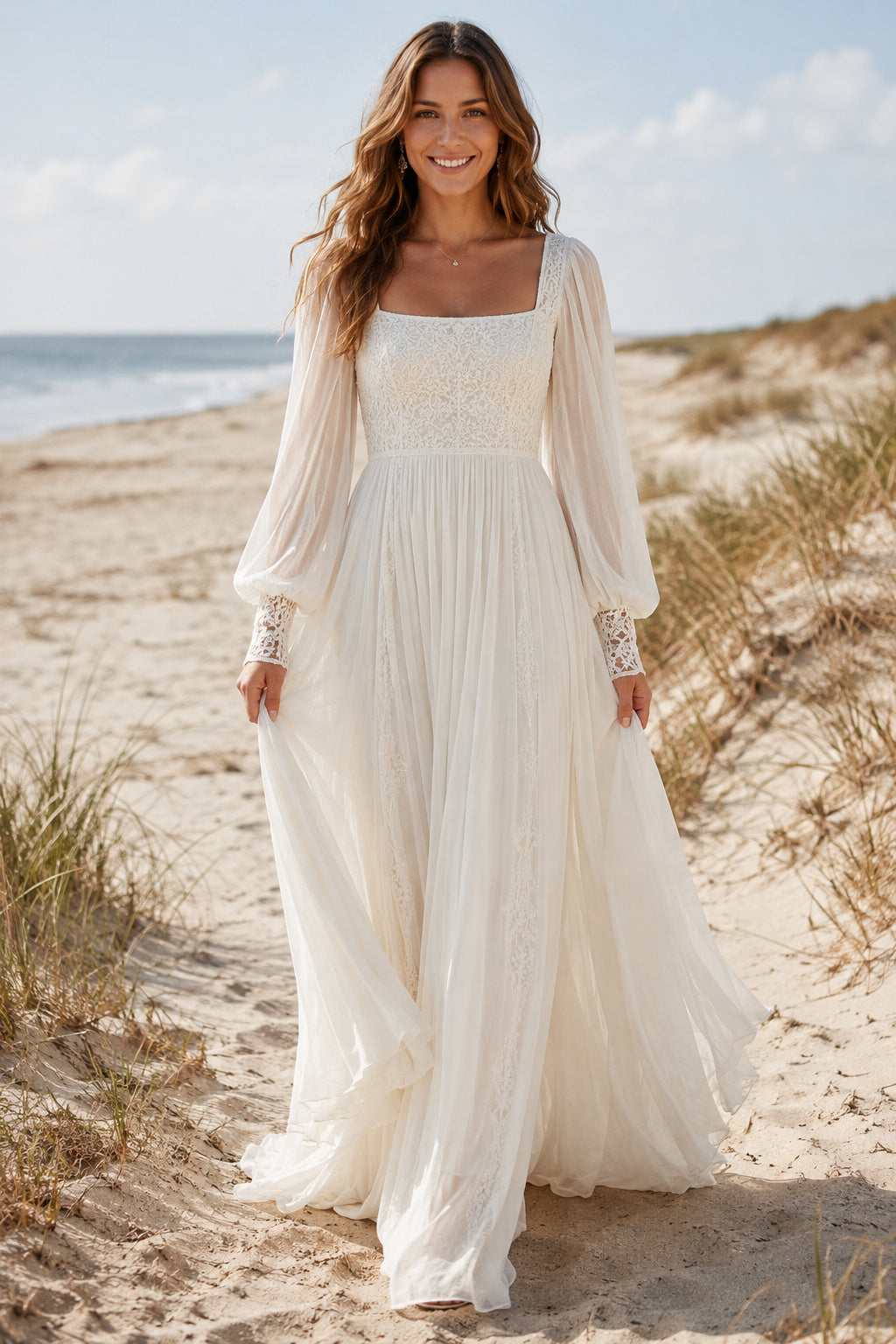 Ivory Square Neck Long Bishop Sleeve Chiffon A-Line Wedding Dress with Train front view