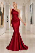Red One-Shoulder Satin Mermaid Evening Dress with Side Ruching front view
