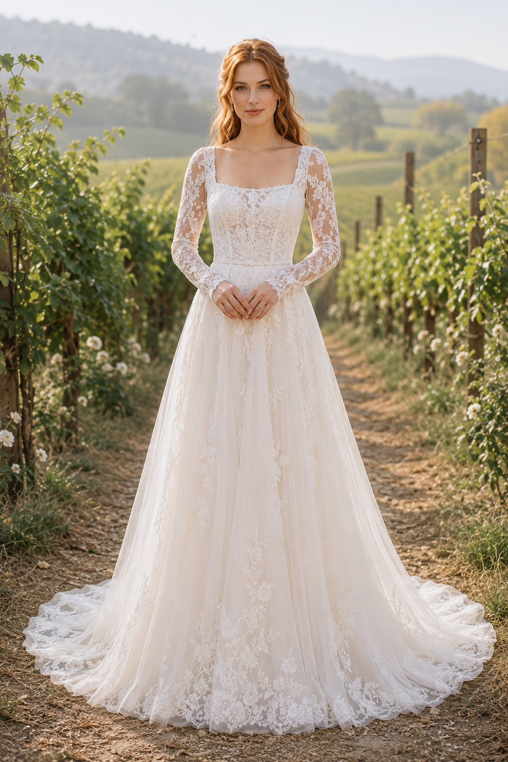 Square Neck Long Sleeve A-Line Wedding Dress with Lace Bodice and Soft Tulle Train front view